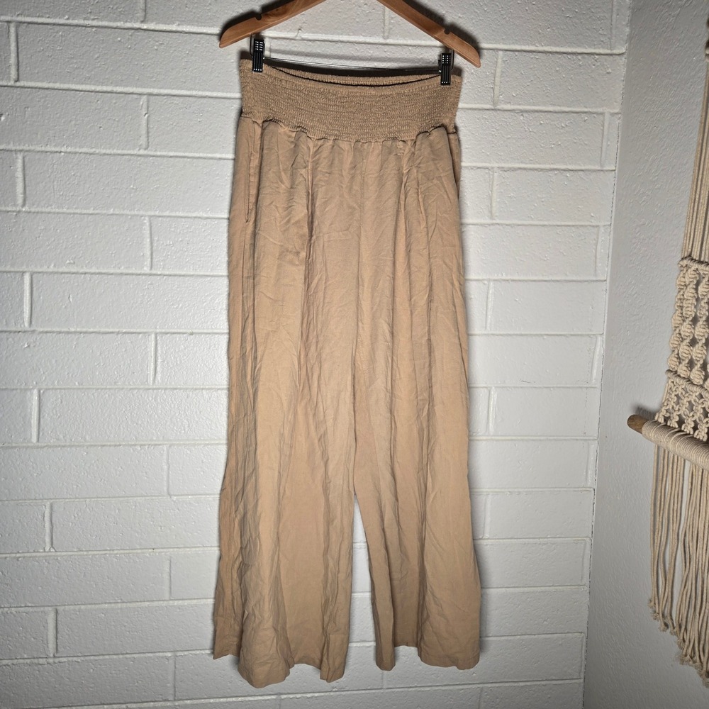 Beachy Womens Wide Leg Pants Linen Cotton Smocked 2XL Minimalist Neutral Boho